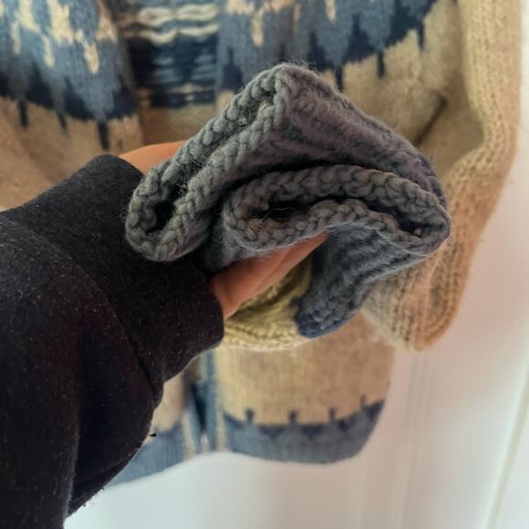 Handmade Fair Isle Wool Full Zip Sweater Blue Cream SZ M - Picture 6 of 7